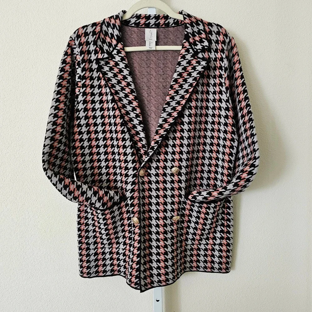 JOIE Women's Double Breasted Houndstooth Multicolored Button Blazer Sz L - Picture 2 of 13